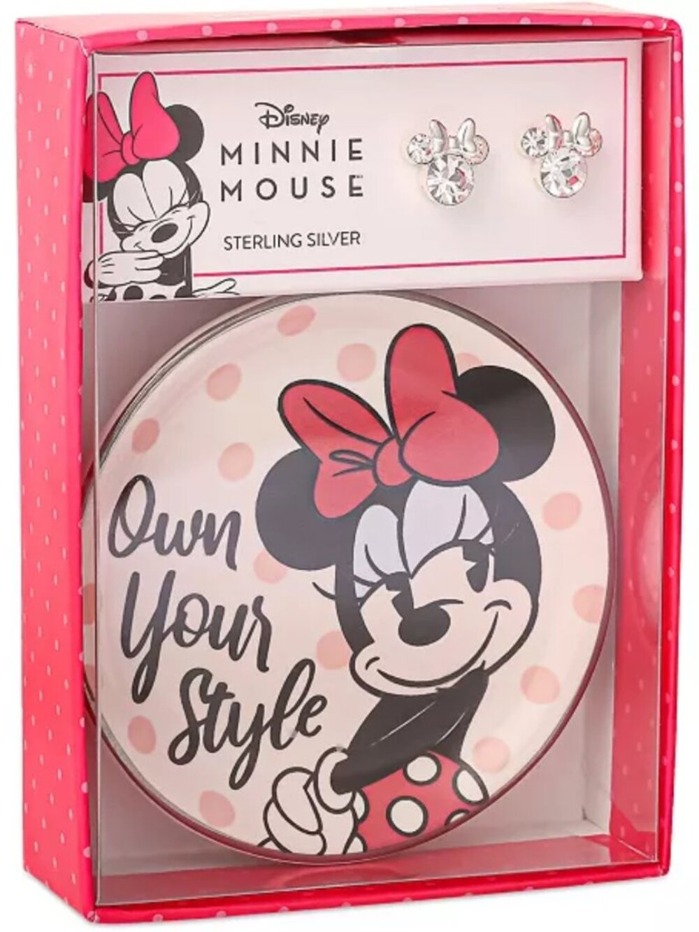 Disney Minnie Mouse Sterling Silver Crystal Earrings & Own Your Style Dish Set